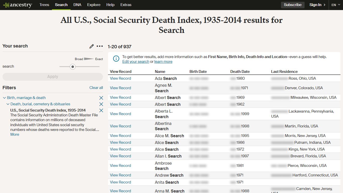 Search - U.S., Social Security Death Index, 1935-2014 - Ancestry.com